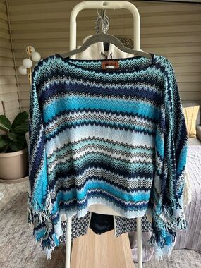Missoni Blue Multi Chevron Fringe Knit Poncho